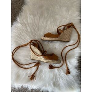 Joie Tie Up Leather Tassel Wedges Sandals
